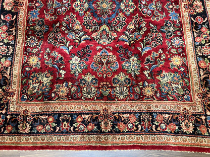 Rare Persian Almost Square Rug 6.3 x 5.3, Hand Knotted Wool Antique 1920s Sarouk Oriental Carpet, Red Navy Blue Beige, Floral Allover, 5x6 Area Rug - Nuvé