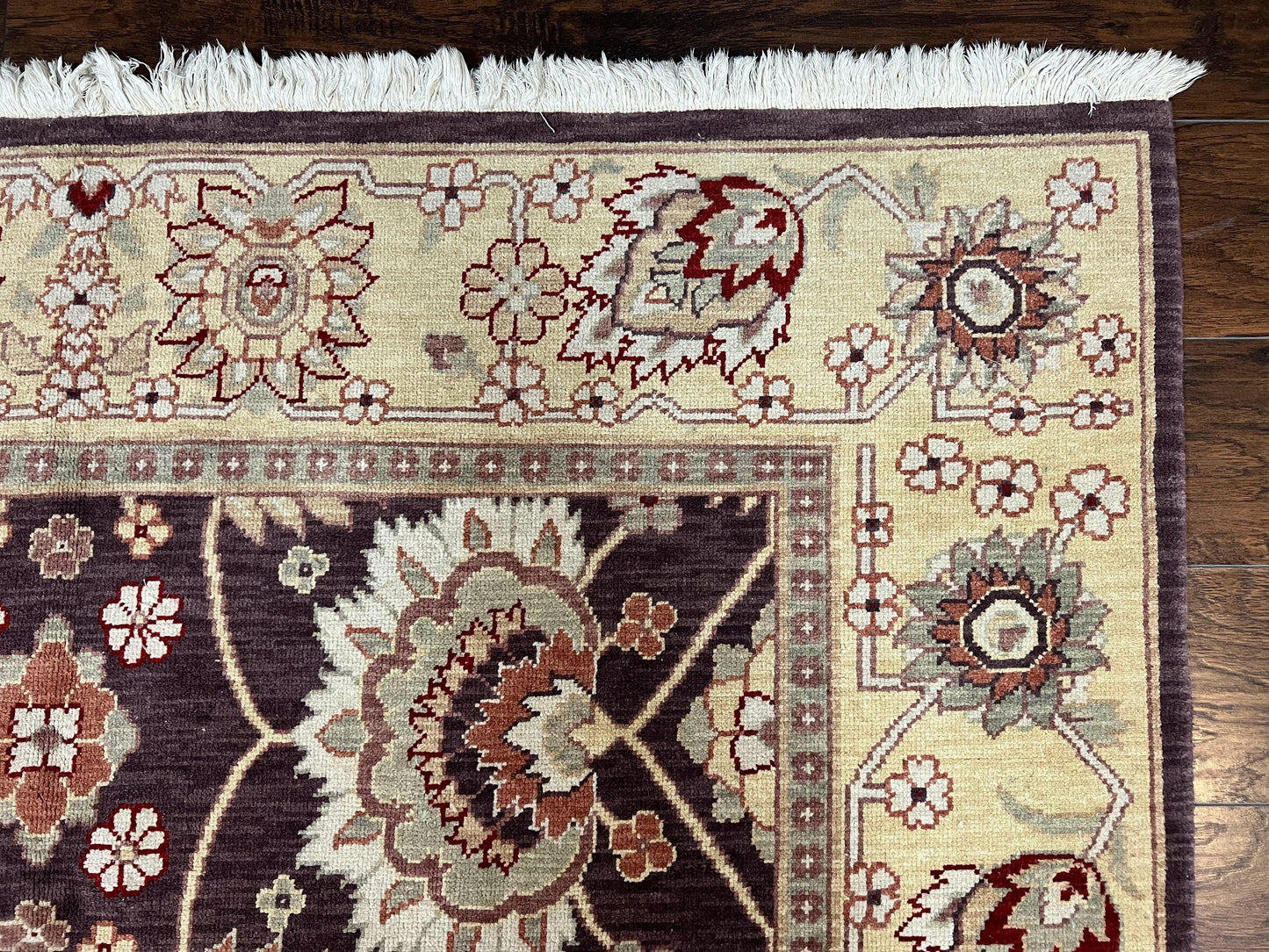 Vintage Indo Mahal Area Rug 6x9, Indian Persian Oriental Carpet 6 x 9, Puce Eggplant Tan Beige Rug, Hand-Knotted, Large Floral Design Wool - Nuvé