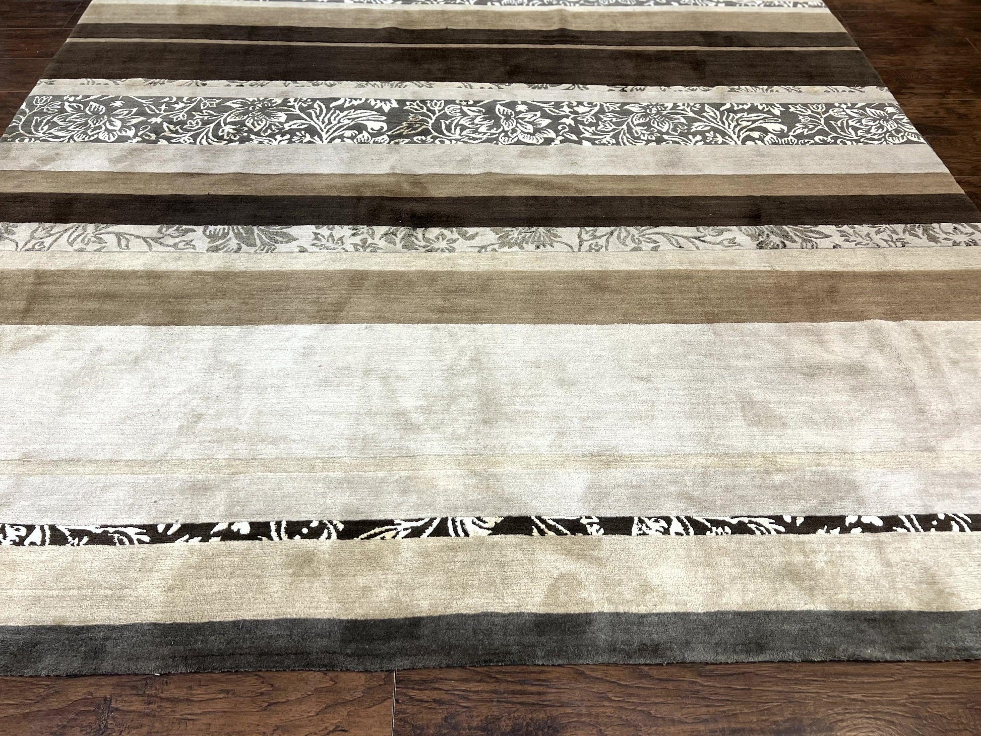 Modern Tibetan Nepali Rug 8x12, Stripe Pattern, Wool with Silk Highlights, Handmade, Beige Tan Brown - Nuvé