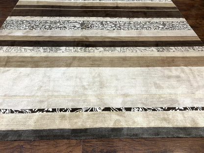 Modern Tibetan Nepali Rug 8x12, Stripe Pattern, Wool with Silk Highlights, Handmade, Beige Tan Brown - Nuvé