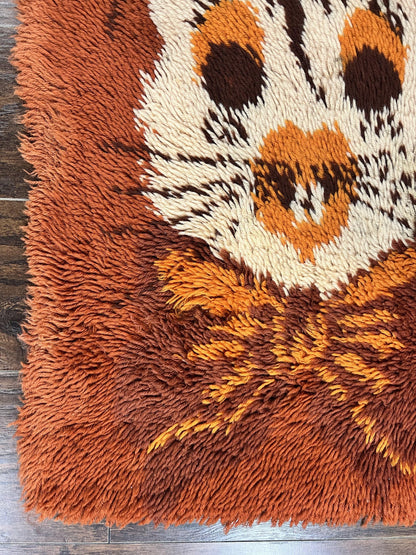 Rya Shag Rug 2x4, Rabbit in Top Hat, Wool, Orange, Vintage 1960s Danish Shag Rug - Nuvé