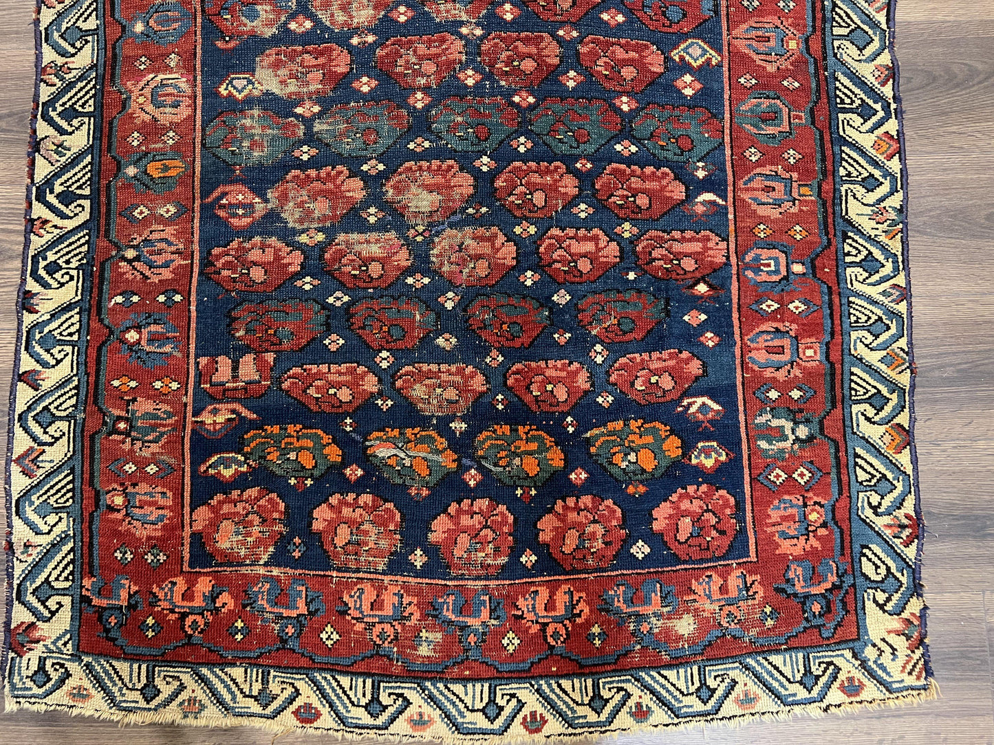 Antique Seychour Rug 4x7, Collectible Kuba Caucasian Carpet, Wool Handmade, Red Navy Blue Cream, Repeated Allover Motif, Early 20th Century - Nuvé