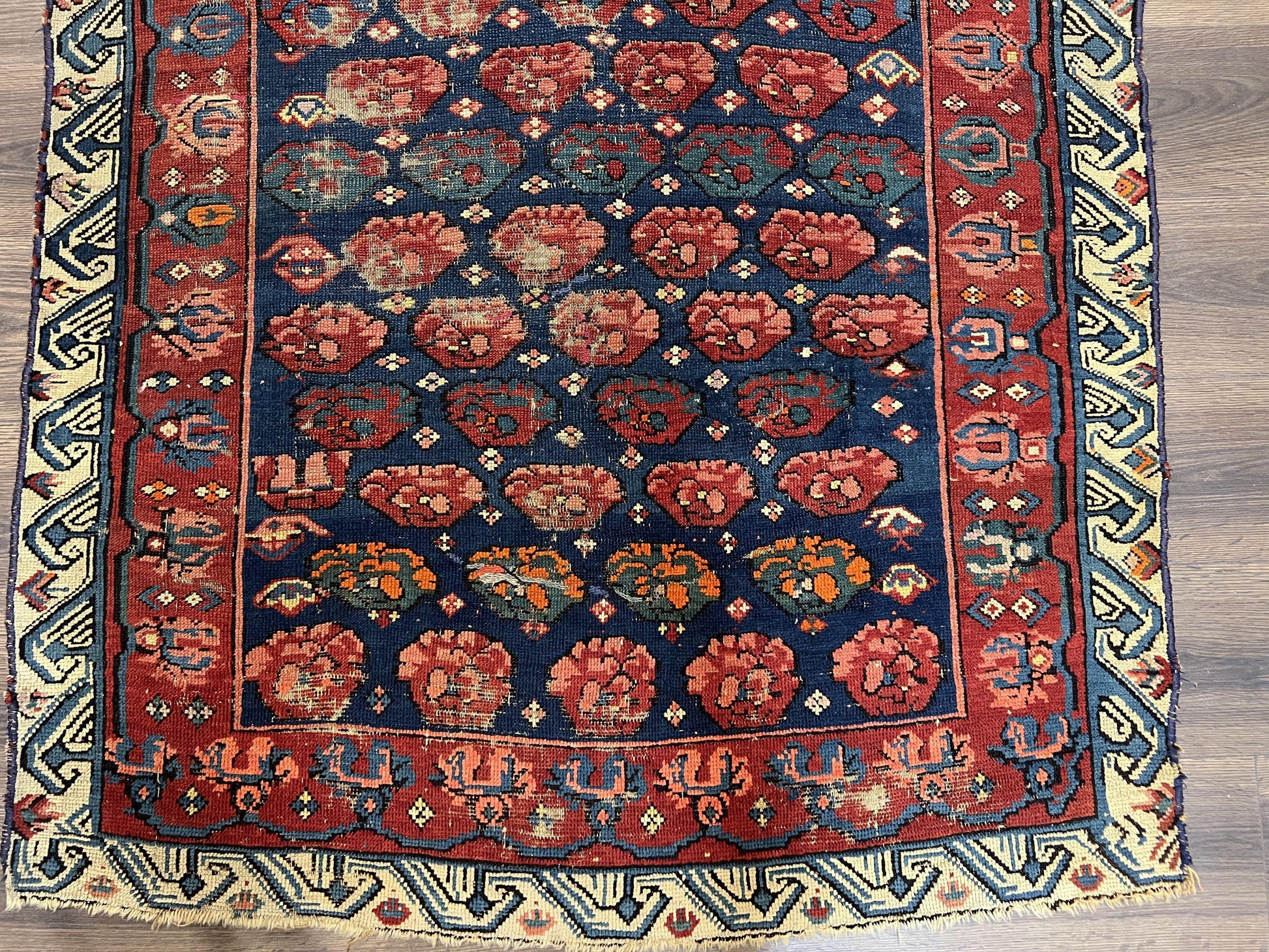 Antique Seychour Rug 4x7, Collectible Kuba Caucasian Carpet, Wool Handmade, Red Navy Blue Cream, Repeated Allover Motif, Early 20th Century - Nuvé