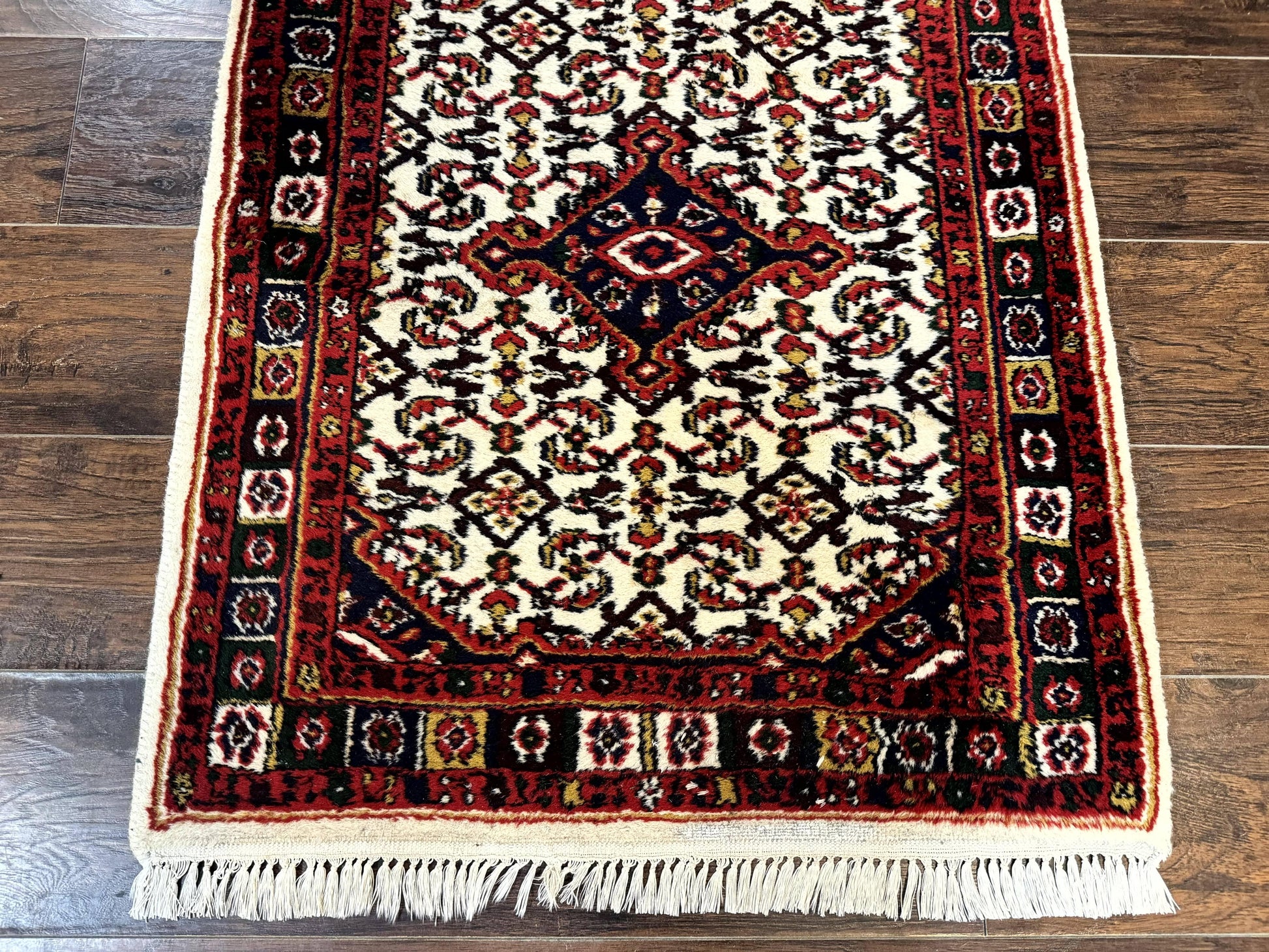 Indo Persian Bidjar Runner Rug 2.8 x 10, Vintage Rug for Hallway, 10ft Runner, Wool Handmade Ivory and Red, Medallions - Nuvé