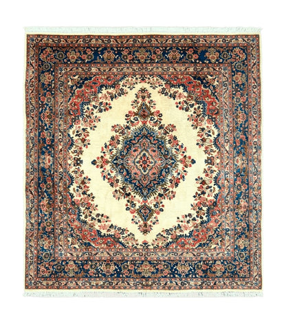 Persian Rug 9x10, Hamadan Rug, Antique Oriental Carpet, Wool Rug, Semi Open Field, Cream and Navy Blue, Kirman Design Hand Knotted Almost Square Rug