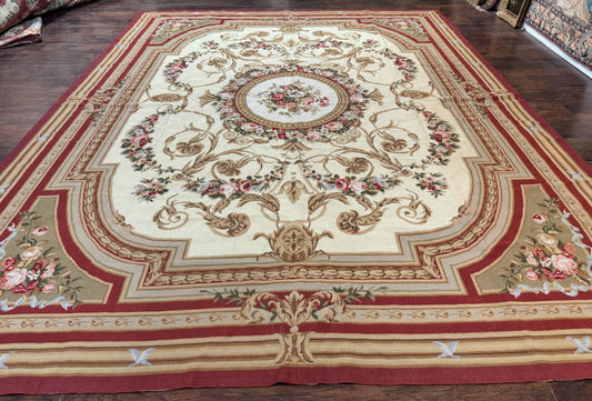 Aubusson Needlepoint Rug 9x11, Handmade Vintage Wool Flatweave Carpet, Elegant European Rug, Floral, Cream - Nuvé