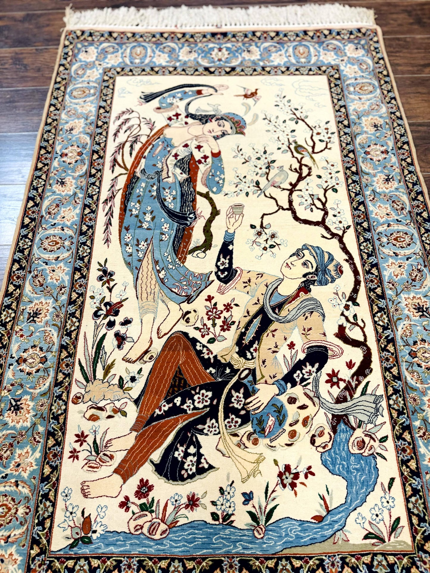 Persian Isfahan Pictorial Rug, Two Lovers, Kork Wool on Silk Foundation, Ivory and Light Blue, 500 KPSI Super Fine - Nuvé