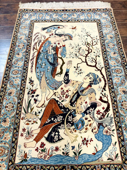 Persian Isfahan Pictorial Rug, Two Lovers, Kork Wool on Silk Foundation, Ivory and Light Blue, 500 KPSI Super Fine - Nuvé