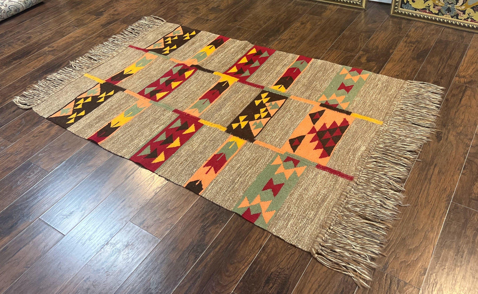 South American Flatweave Rug, Gray, Handmade Vintage Wool Bohemian Blanket - Nuvé