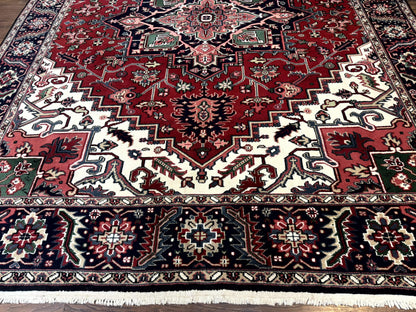 Indo Persian Heriz Rug 8x10, Geometric Medallion, Brick Red Ivory Navy Blue, Room Sized Heriz Carpet, Wool Rug - Nuvé
