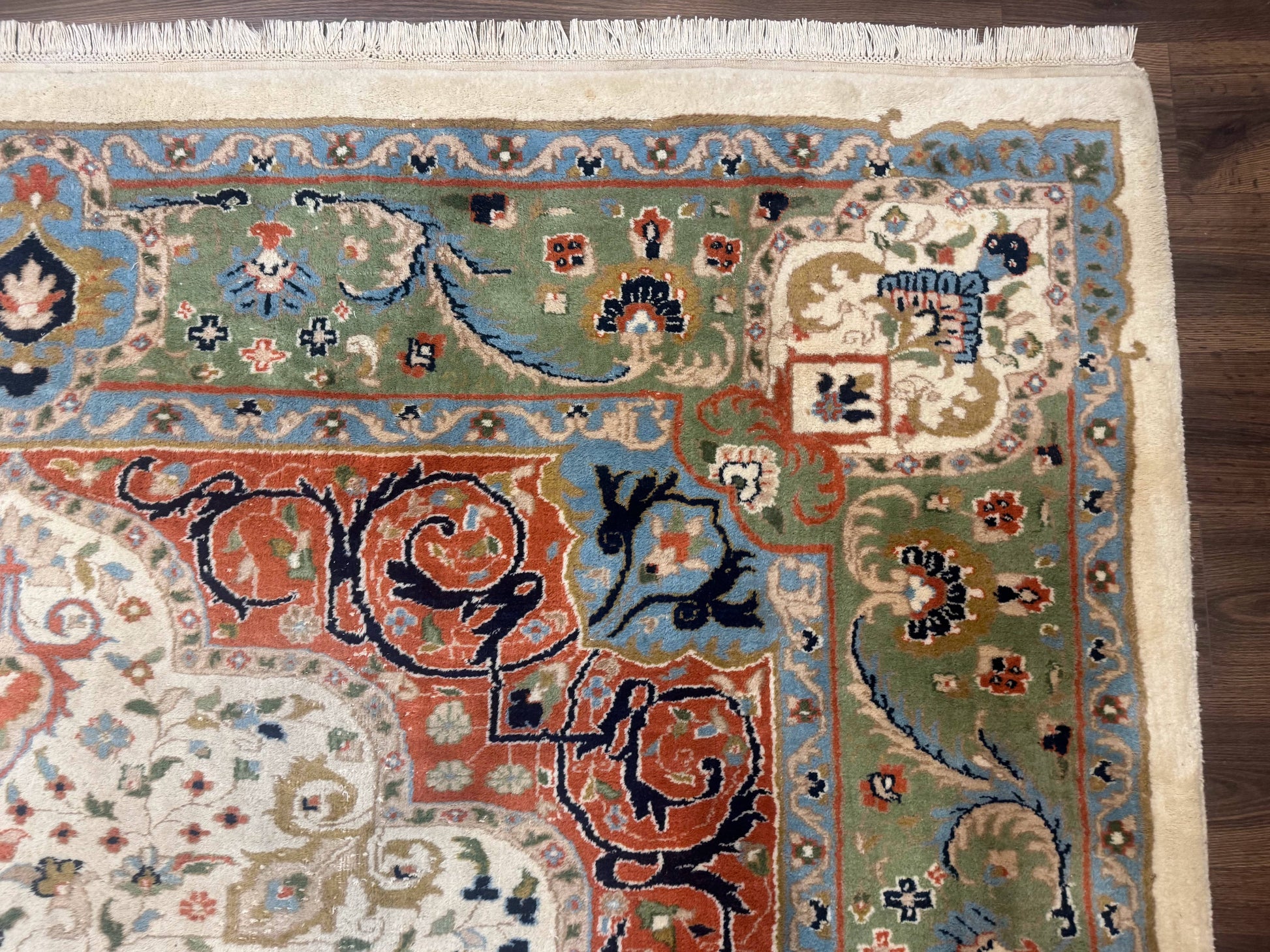 Indo Persian Rug 9x12, Ivory Red Green, Traditional Oriental Carpet - Nuvé