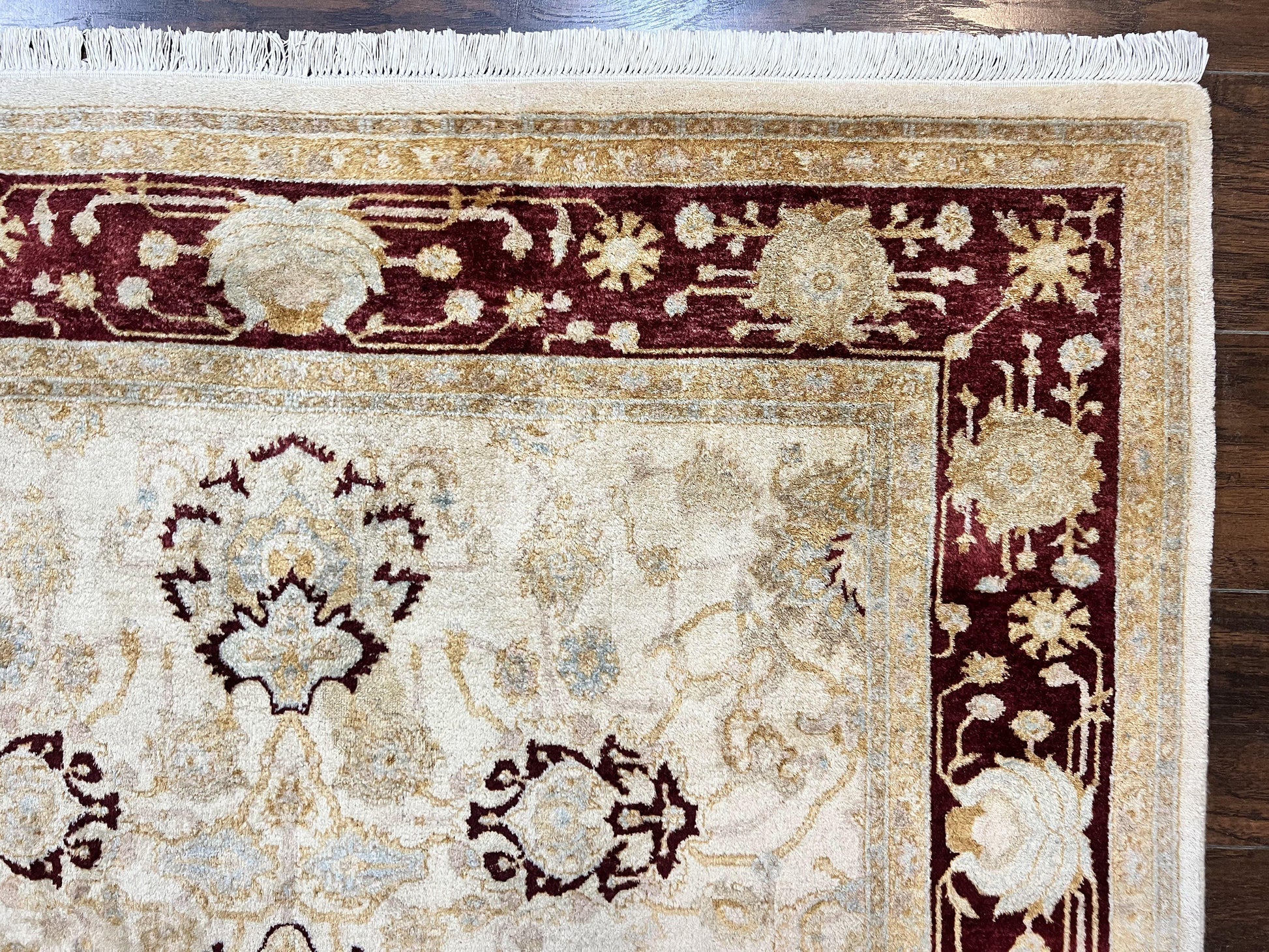 Peshawar Rug 5x7, Beige and Maroon, Vintage Handmade Wool Traditional Carpet 5 x 7 ft, Pakistani Rug, Agra Pattern, Very Fine 260 KPSI - Nuvé
