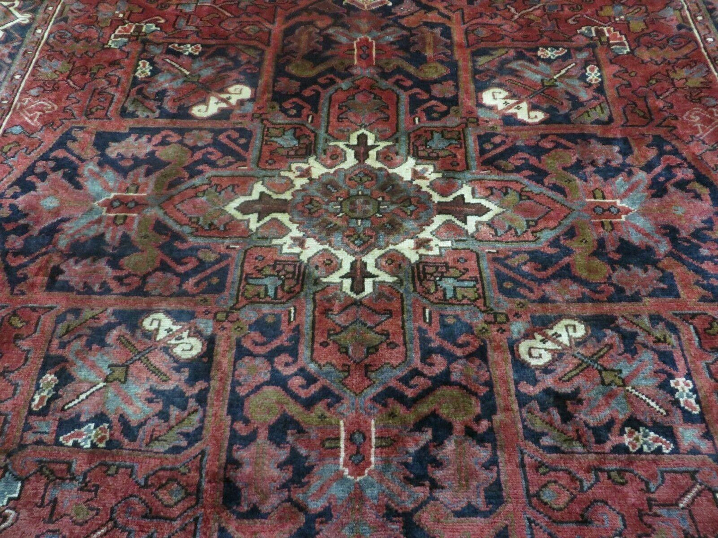 Persian Rug 8x11 Room Sized Heriz Carpet, Hand Knotted Wool Rug, Vintage Semi Antique, Geometric Medallion, Wine Red Cream Dark Blue, Wow - Nuvé