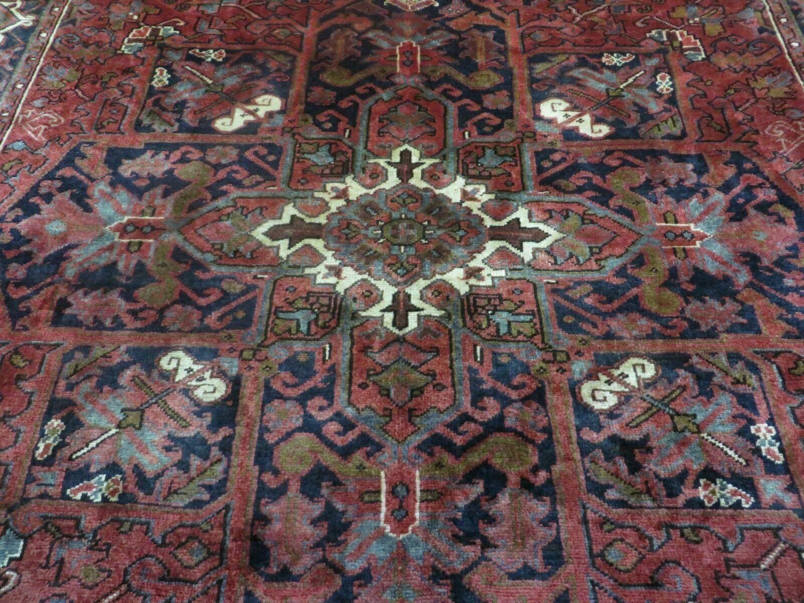 Persian Rug 8x11 Room Sized Heriz Carpet, Hand Knotted Wool Rug, Vintage Semi Antique, Geometric Medallion, Wine Red Cream Dark Blue, Wow - Nuvé