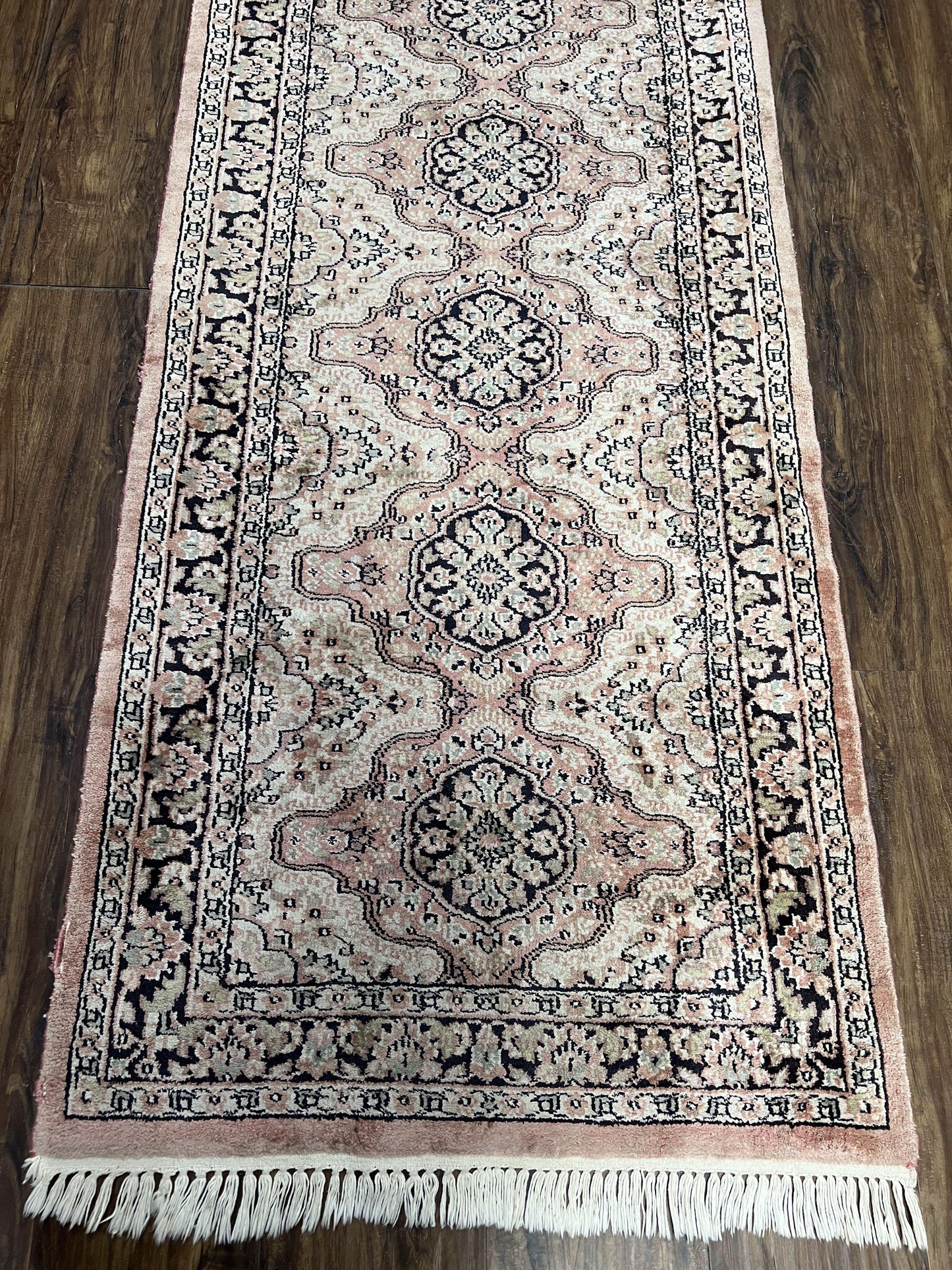 Silk Kashmiri Runner 2.7 x 10 ft Vintage Rug, Ivory Pastel Pink, Hand-Knotted Vintage Runner, Hallway Carpet, Indian Rug Medallion Runner - Nuvé