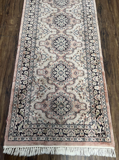 Silk Kashmiri Runner 2.7 x 10 ft Vintage Rug, Ivory Pastel Pink, Hand-Knotted Vintage Runner, Hallway Carpet, Indian Rug Medallion Runner - Nuvé