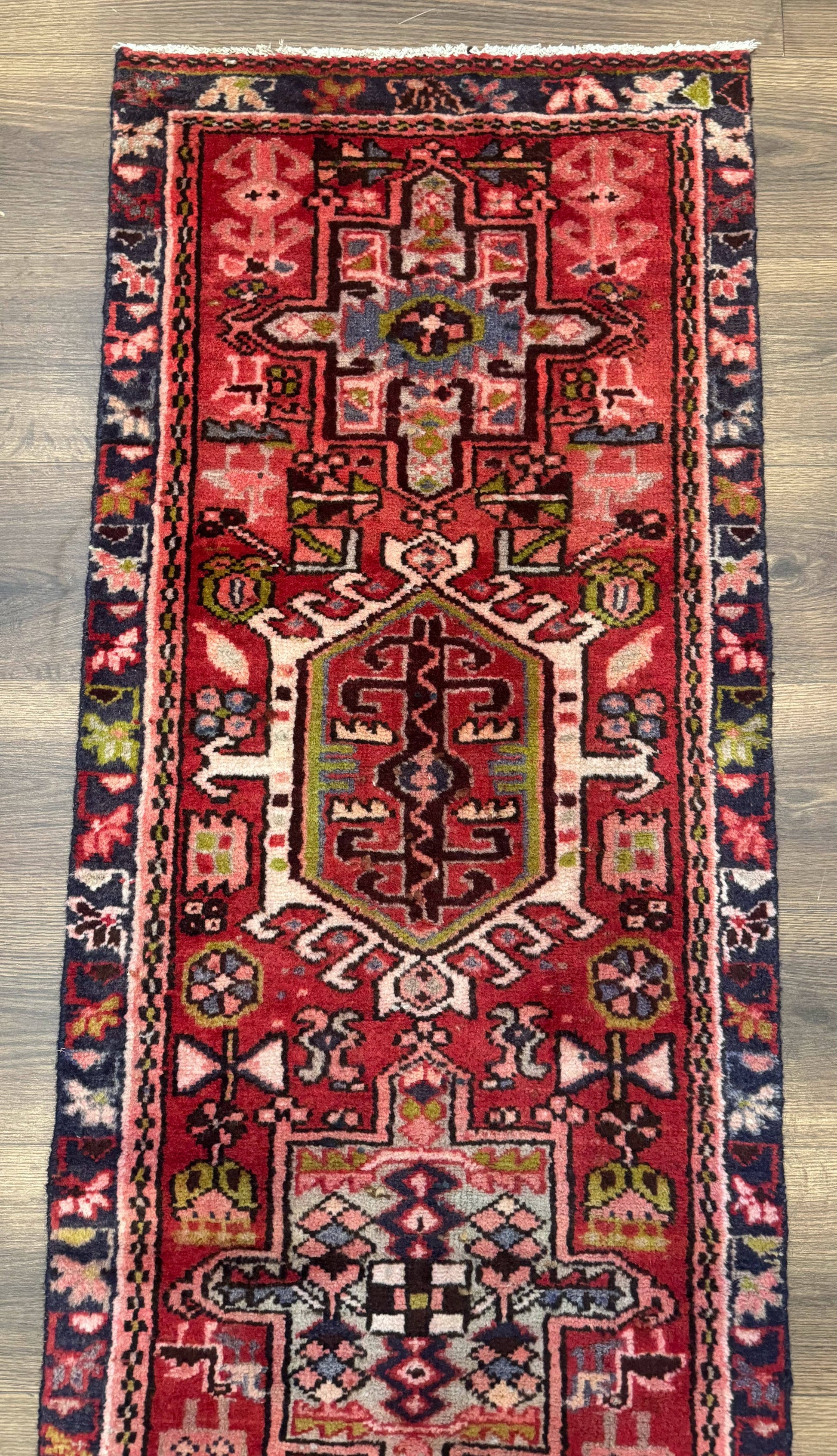 Persian Heriz Karajeh Runner Rug 2x9, Geometric Medallions, Red Navy Blue, 2 x 9 Rug for Hallway - Nuvé