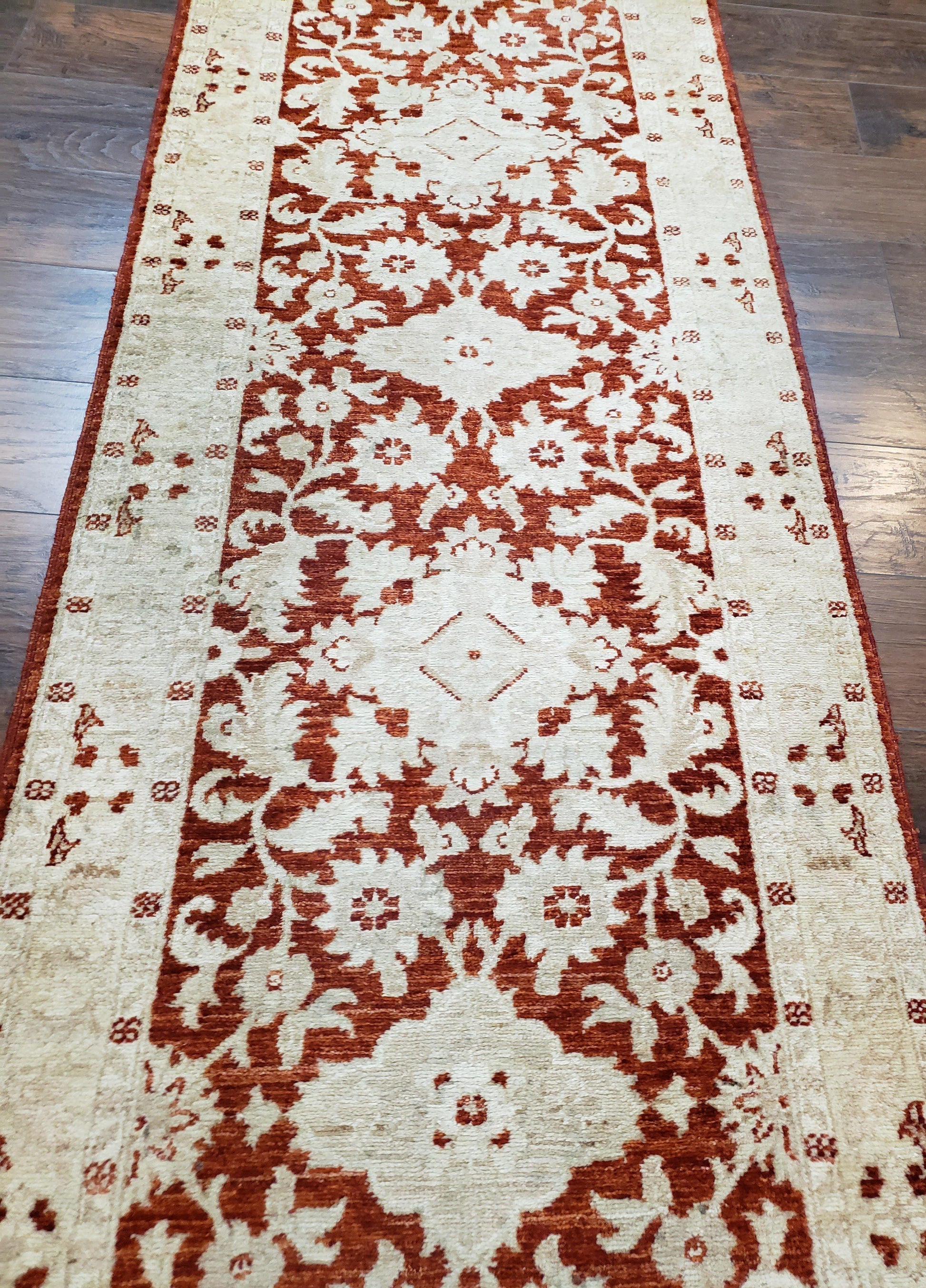 21 ft Runner Rug Long Hallway Runner, 3 x 21 Corridor Rug, Peshawar Pak Persian Chobi Agra Rug, Maroon and Beige Large Flowers Wool Handmade - Nuvé