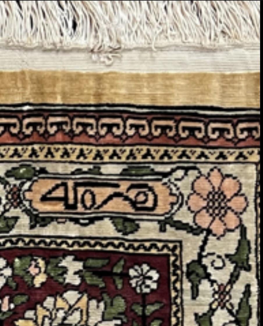 Wonderful Silk Turkish Hereke Prayer Rug 2.8 x 4.5, Tree of Life Design, Signature from Master Weaver, Gold and Burgundy, Handmade, 625 KPSI - Nuvé