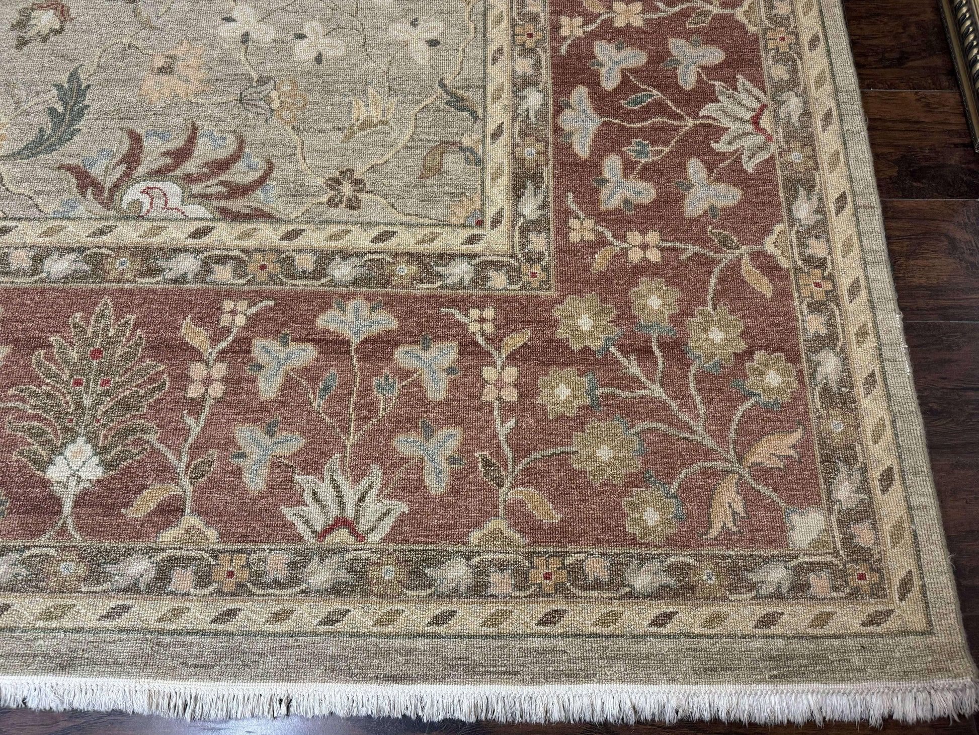 Large Turkish Soumak Rug 10x14, Flatweave Dhurrie, Handmade, Light Green and Salmon - Nuvé