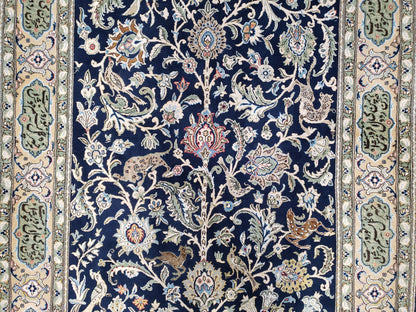 Semi Antique Persian Qum Tree of Life Rug, Hand-Knotted, Wool, Midnight Blue and Tan, Animal Pictorials, Written Poem in Borders, 4' 8" x 7' 8"