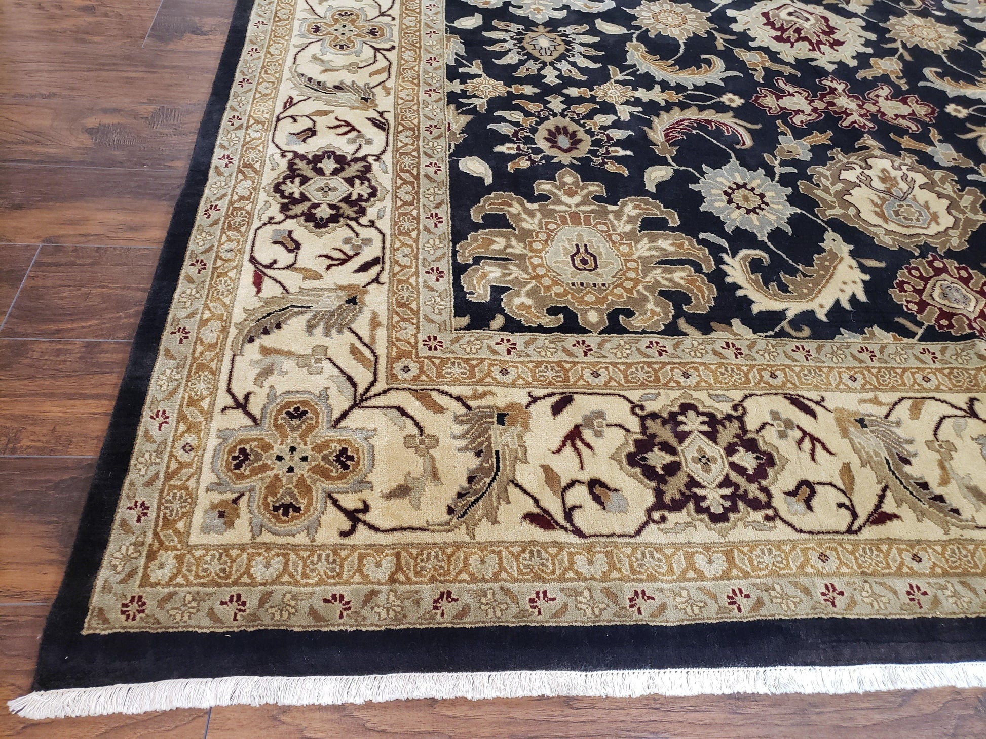 Indo Mahal Rug 8x12, Indian Sultanabad Handmade Area Rug, Vintage Hand-Knotted Wool Black Floral Traditional Oriental Dinning Room Rug - Nuvé