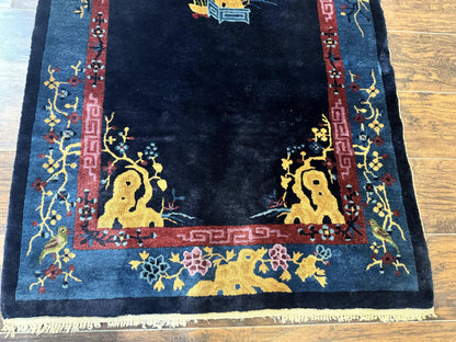 Antique Chinese Peking Rug 3x6, Dark Blue, Bird Motif, Handmade Wool Art Deco Asian Oriental Carpet, Pair B - Nuvé