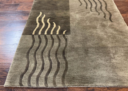 Modern Tibetan Wool Rug 3.6 x 5.6, Shades of Green, Abstract Design - Nuvé