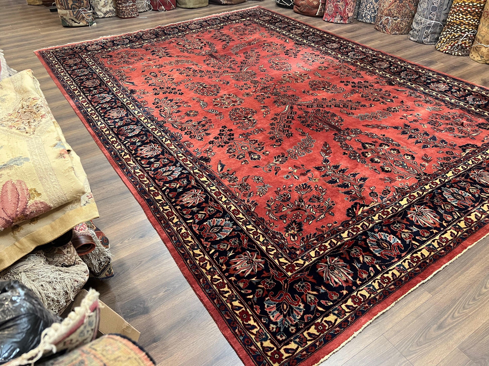 Indo Sarouk Rug 10x14, Vintage Indian Persian Area Rug 10 x 14, Wool Hand-Knotted Oriental Carpet, Red Floral Allover Large Rug, Beautiful - Nuvé