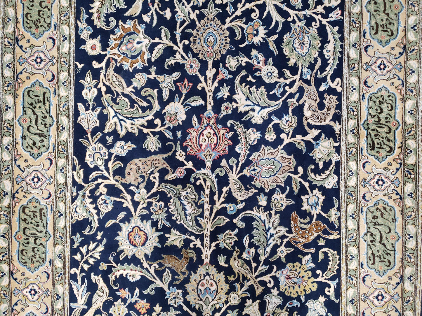 Semi Antique Persian Qum Tree of Life Rug, Hand-Knotted, Wool, Midnight Blue and Tan, Animal Pictorials, Written Poem in Borders, 4' 8" x 7' 8" - Nuvé