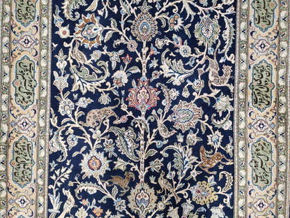 Semi Antique Persian Qum Tree of Life Rug, Hand-Knotted, Wool, Midnight Blue and Tan, Animal Pictorials, Written Poem in Borders, 4' 8" x 7' 8" - Nuvé