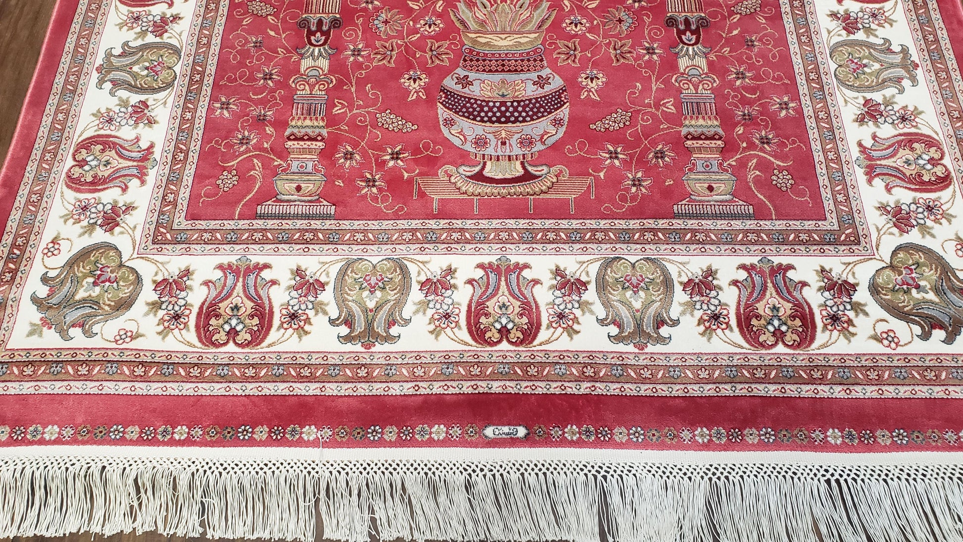 4 x 6 Silk Carpet Red, Traditional Oriental Rug 4x6, Flower Vase Columns, Turkish Rug New, High Quality, Bamboo Silk, Area Rug - Nuvé