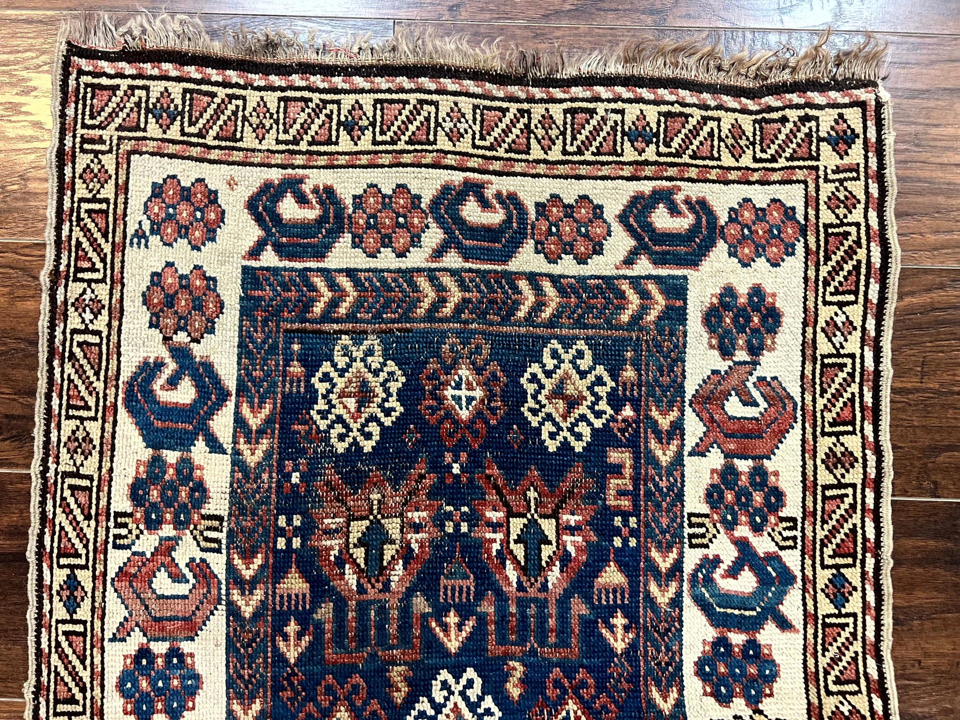 Antique Caucasian Kazak Rug 2.5 x 4, Navy Blue and Ivory, Hand Knotted Handmade Wool Rug - Nuvé