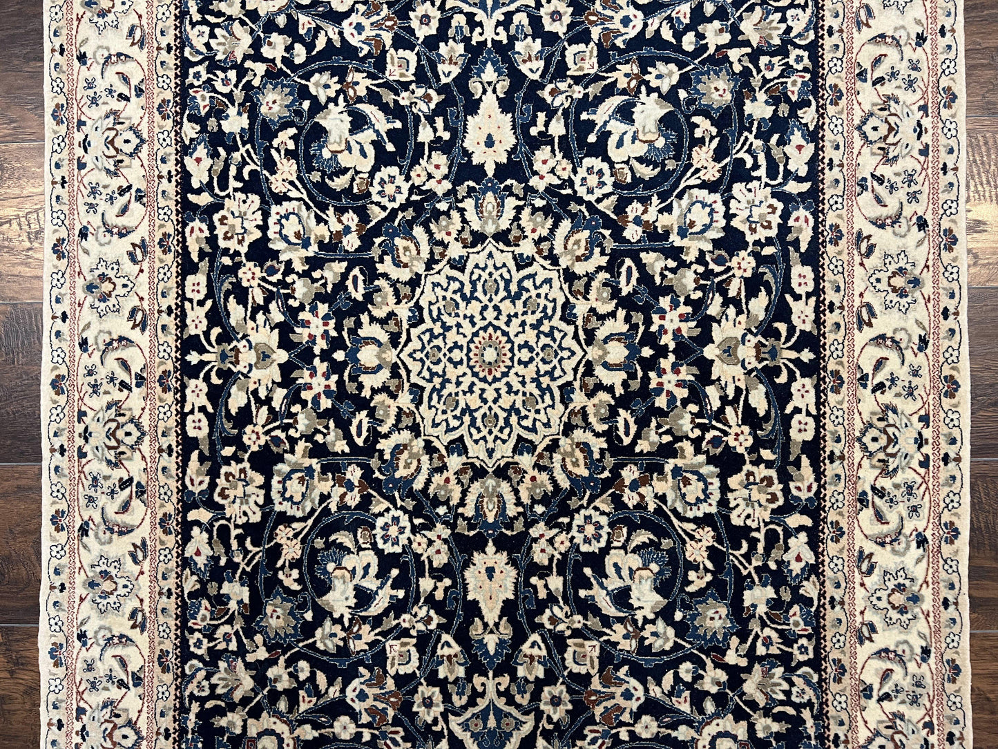 Very Fine Persian Nain Rug 3.7 x 6, Floral Medallion, Wool and Silk Accents, Highly Detailed, Hand Knotted Oriental Carpet, Navy Blue Ivory/Cream - Nuvé