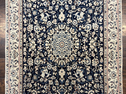 Very Fine Persian Nain Rug 3.7 x 6, Floral Medallion, Wool and Silk Accents, Highly Detailed, Hand Knotted Oriental Carpet, Navy Blue Ivory/Cream - Nuvé
