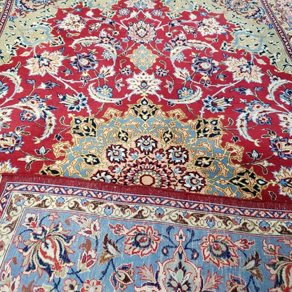 Semi Antique Persian Isfahan Rug, Kork Wool on Silk Foundation, Red & Blue, Top Quality, 3'6" x 5' 6" - Nuvé