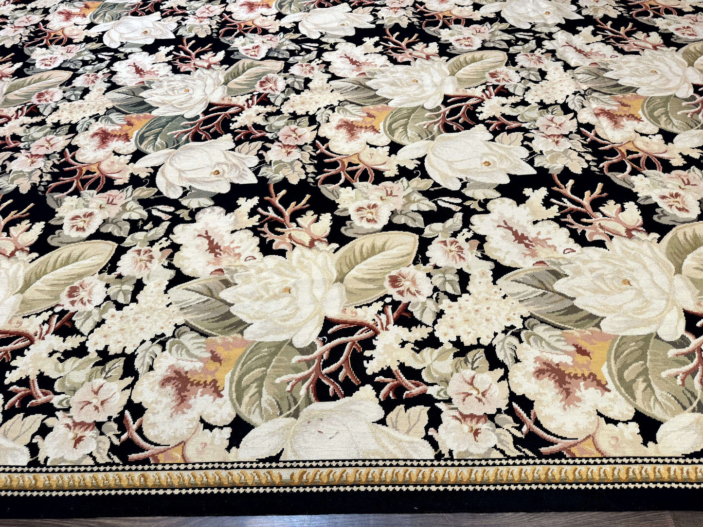 Palace Size Needlepoint Rug 13x17, Extra Large Wool Floral Handmade Carpet, European Design, Botanical - Nuvé
