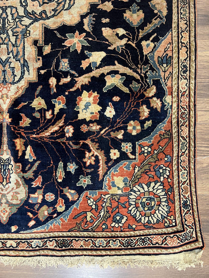 Antique Persian Rug 3.5 x 5, Sarouk Farahan Rug, High Quality 1920s Fine Oriental Carpet 3 x 5 ft, Large Medallion, Floral, Navy Blue Red, Hand Knotted Wool Rug - Nuvé