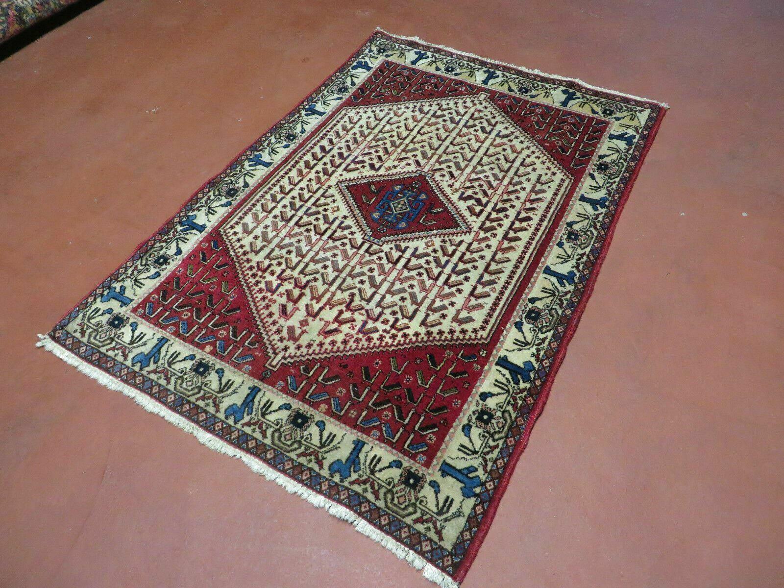 3' X 5' Vintage Handmade India Geometric Oriental Wool Rug Nice Birds Ivory Red - Nuvé