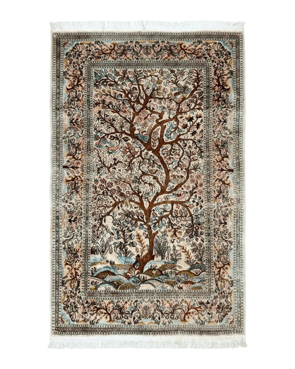 Indian Kashmiri Silk Rug 4x7, Tree of Life Design, Very Fine 380 KPSI, Birds