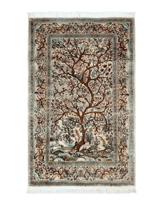Indian Kashmiri Silk Rug 4x7, Tree of Life Design, Very Fine 380 KPSI, Birds