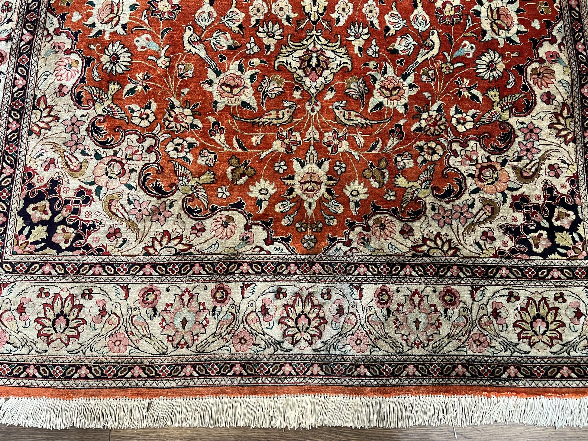 Persian Qum Silk Rug 5x7 - Floral Medallion, Birds, Orange-Red - Nuvé