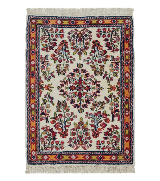 Small Persian Rug 2 x 3, Tiny Persian Sarouk Carpet, Cream Navy Blue Red, Floral Medallion, Vintage Wool Rug, Handmade Hand-Knotted Oriental Rug
