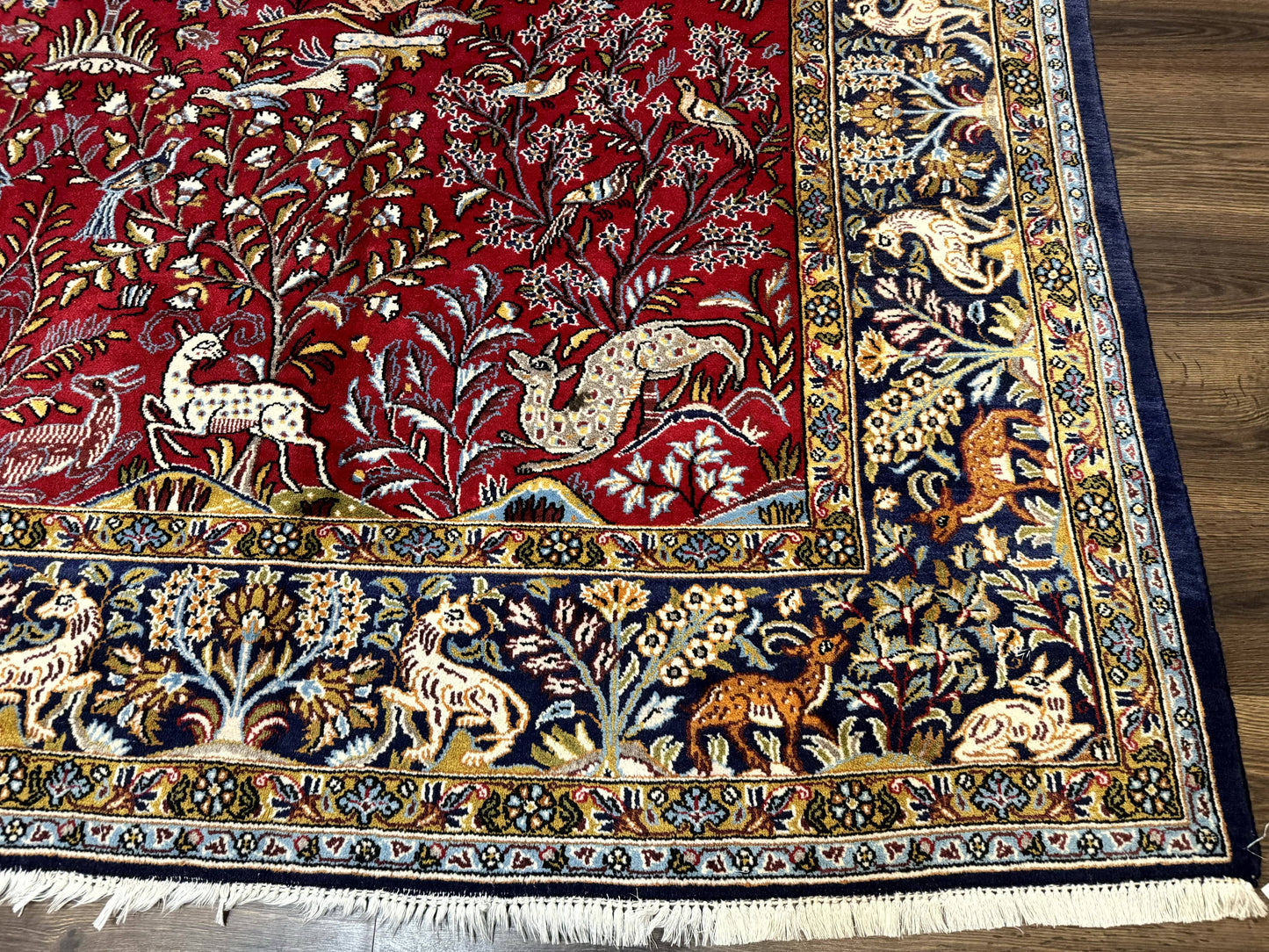 Persian Qum Rug 9x12, Animal Pictorials, Deer Birds, Tree of Life, Red and Navy Blue - Nuvé