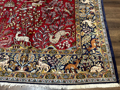 Persian Qum Rug 9x12, Animal Pictorials, Deer Birds, Tree of Life, Red and Navy Blue - Nuvé
