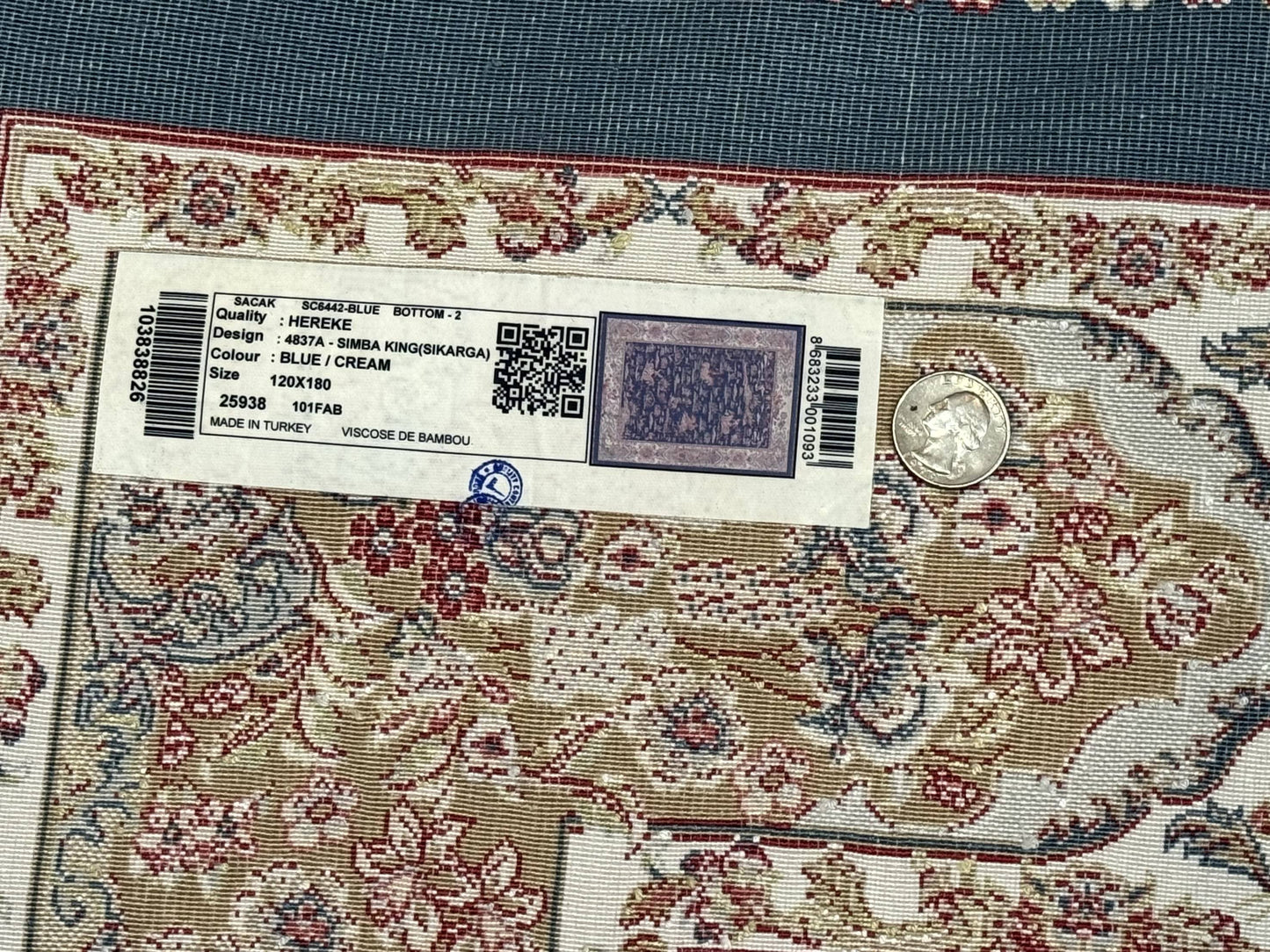 Turkish Silk Hunting Design Rug 4x6, Dark Steel Blue & Ivory, Bamboo Silk, New - Nuvé