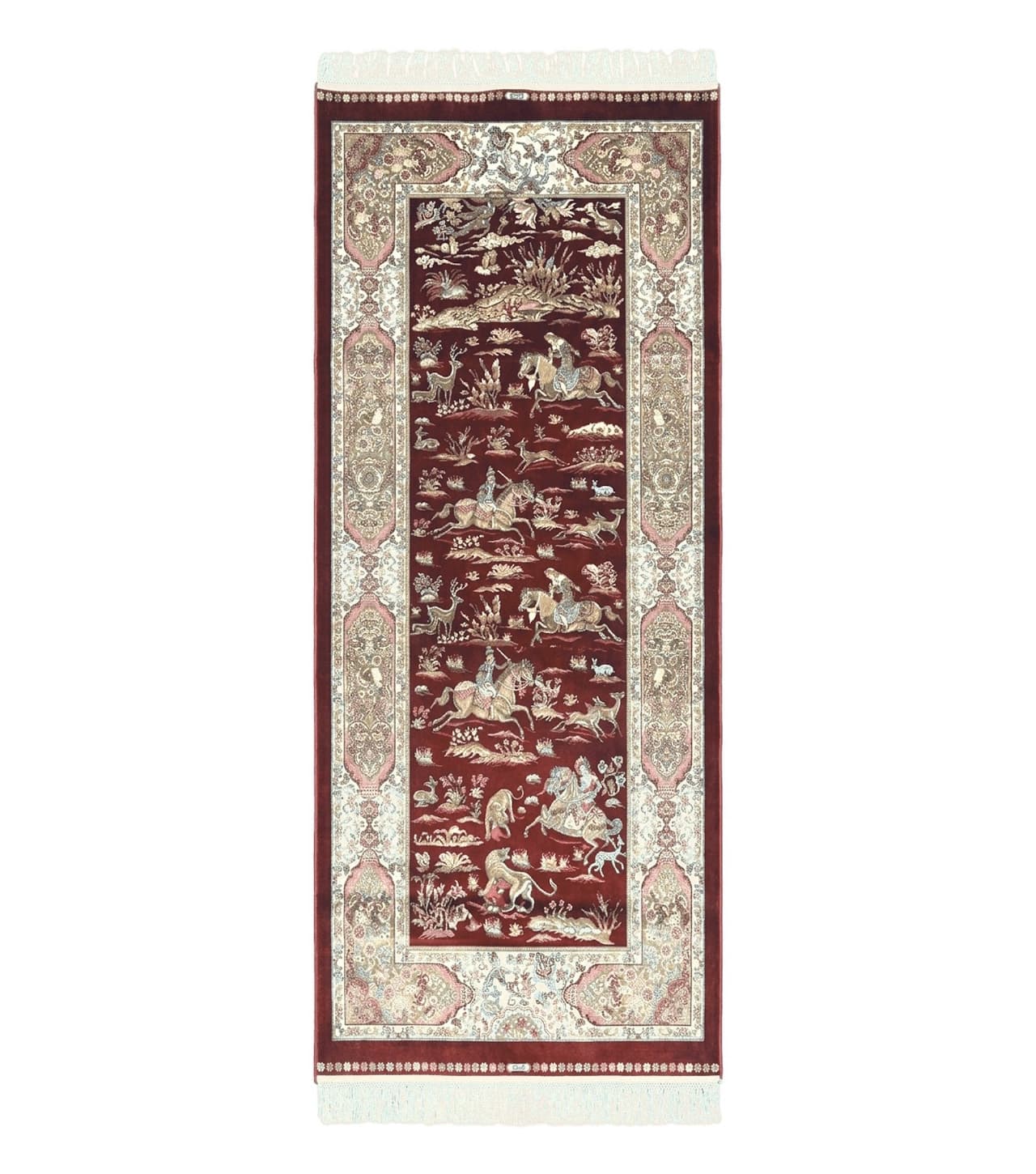 Turkish Silk Rug 2.6 x 6.7, Hunting Design, Short Runner Rug, Red & Ivory, Bamboo Silk, New