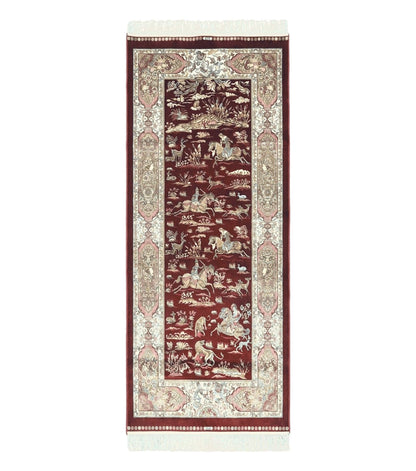 Turkish Silk Rug 2.6 x 6.7, Hunting Design, Short Runner Rug, Red & Ivory, Bamboo Silk, New