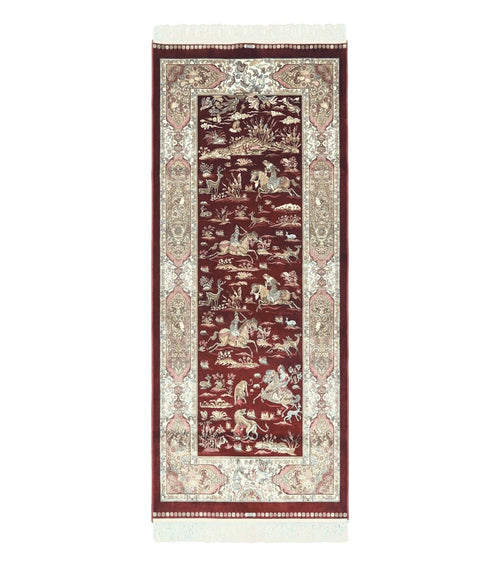 Turkish Silk Rug 2.6 x 6.7, Hunting Design, Short Runner Rug, Red & Ivory, Bamboo Silk, New