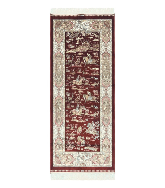 Turkish Silk Rug 2.6 x 6.7, Hunting Design, Short Runner Rug, Red & Ivory, Bamboo Silk, New